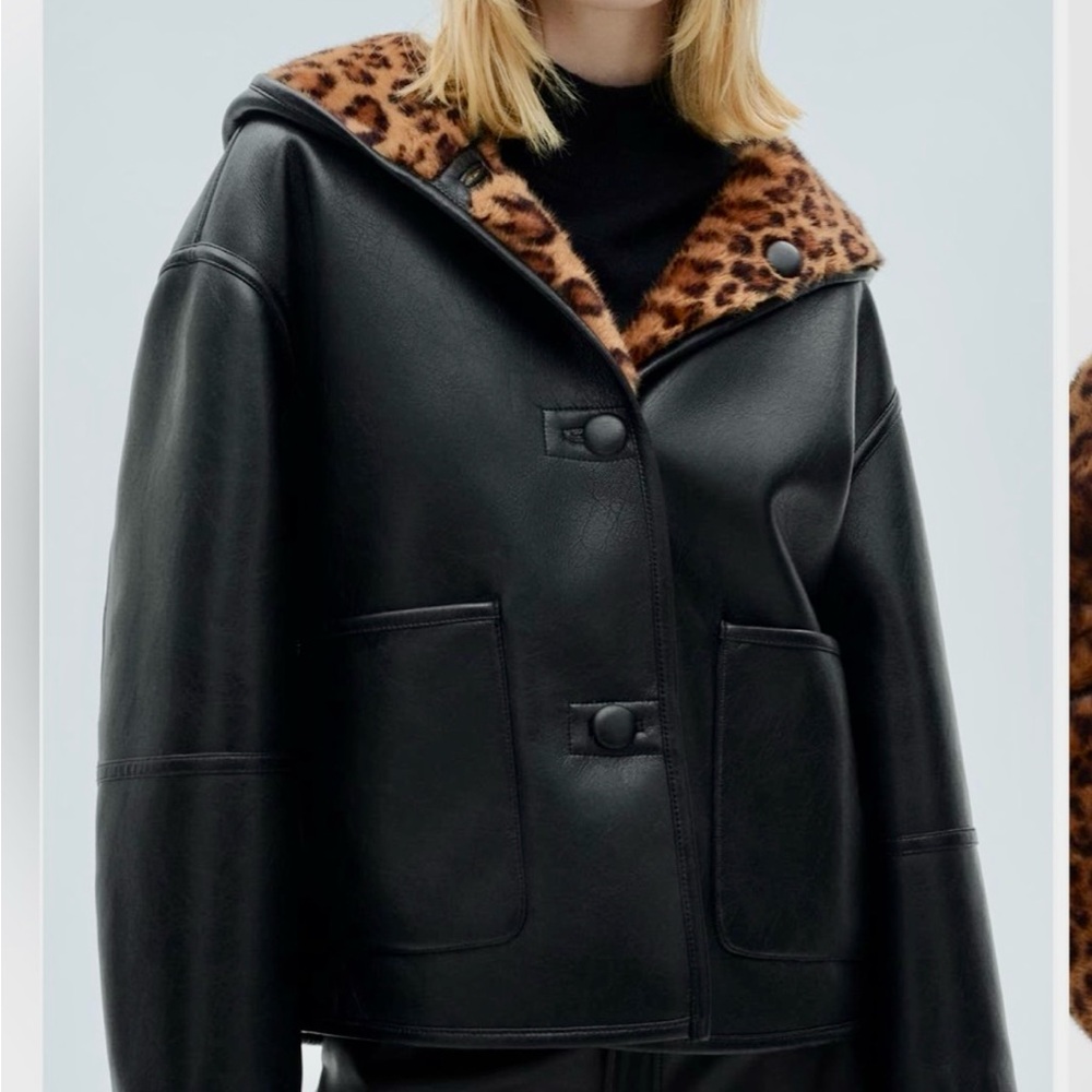 Mango Black Leather Jacket with Leopard Detail NWT